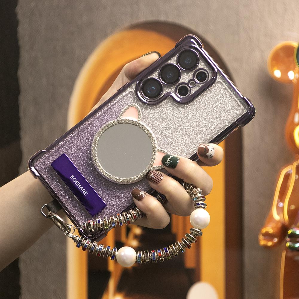 Gradient Plating Four Corners Cat Mirror Thin Kickstand Case with Pearl Diamond Wristband for Samsung S25Ultra S25 S24 S23 S22 S21 Note20 A53 A54 A55 Hard Acrylic Bumper Full Cover