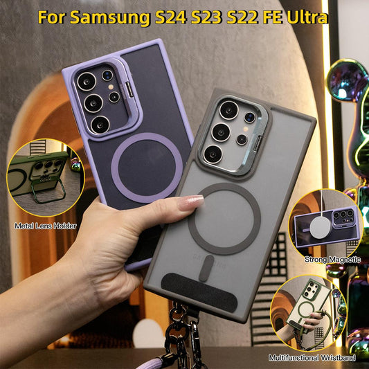 Clear Magnetic Metal Lens Holder Using Acrylic Material Phone Case With Multifunctional Climbing Rope For Samsung S24 S23 S22 FE Plus Ultra  Not Yellowing Cover Case