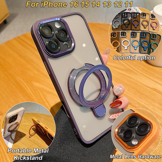 Colorful Crystal High Definition Clear Phone Case with Portable Metal Kickstand For Magsafe For iPhone 16ProMax 16 15 14 13 12 11 Pro Max Plus Transparent HD Len Protection Hard Full Cover