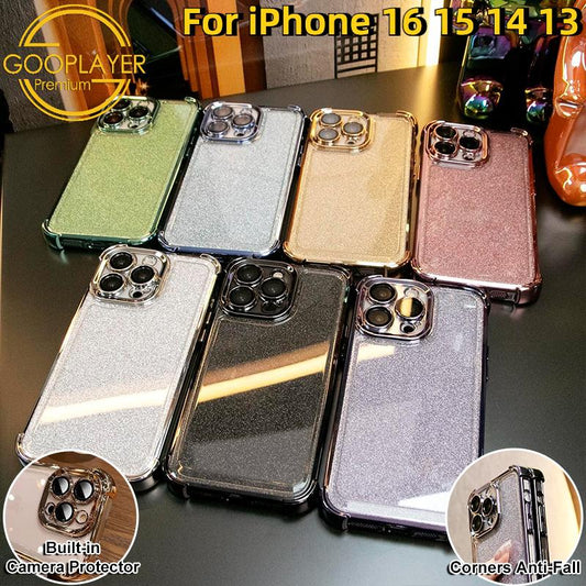 For iPhone 16 15 14 13 Phone Case, Luxury Glitter Four Corner Plating Clear High Definition Acrylic Built-in Camera Protector Shockproof Hard Full Cover