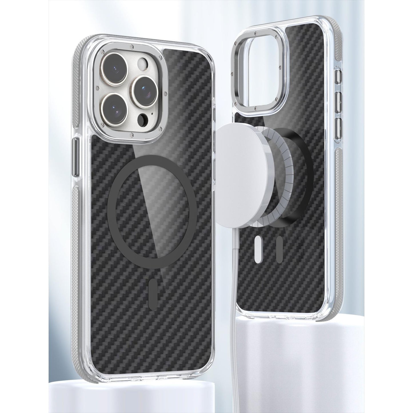 For iPhone 16 15 14 13 12 11 Pro Max Phone Case, Premium Strong Magnetic Carbon Fiber Metal Camera Frame Acrylic Clear Shockproof Anti-Fall Bumper for Magsafe Non-Yellowing Hard Full Cover