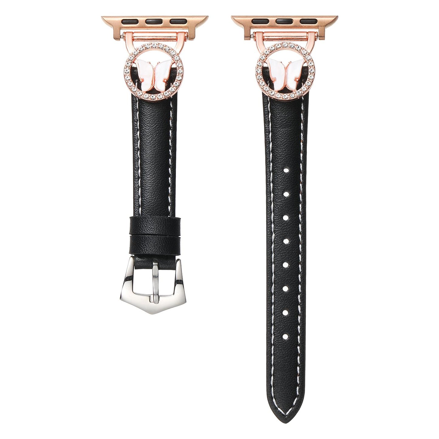 Bling Butterfly Stitching Leather Metal Strap for Apple Watch 44mm Band 45 42 38 41 Ultra 49mm Link Bracelet for IWatch Series 9 8 7 6 SE 5 4