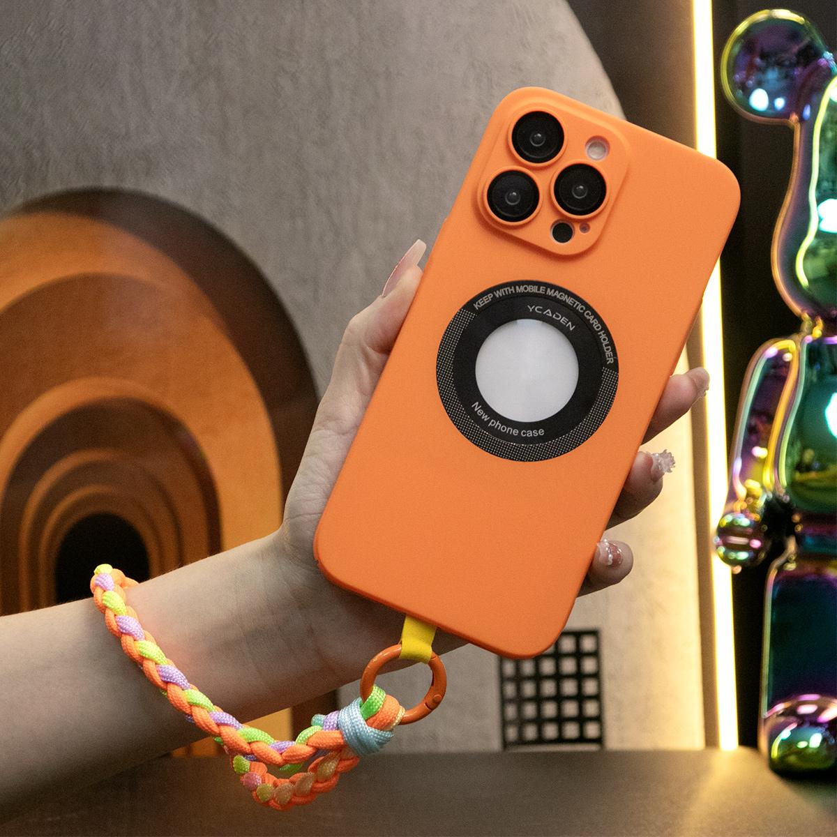 Magnetic Wireless Charging Camera Film Protector Logo Hole PC Hard PC Cover Phone Case With Woven Wristband for iPhone 15 14 13 12 Pro Max