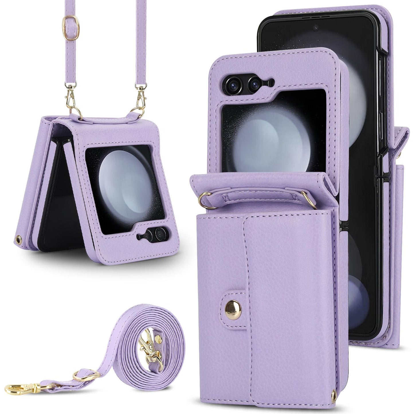 Crossbody Wrist Strap Leather with Card Holder Phone Case for Samsung Galaxy Z Flip 6 5 4 3 Flip6 Flip5 Flip4 Flip3 Wallet Cover