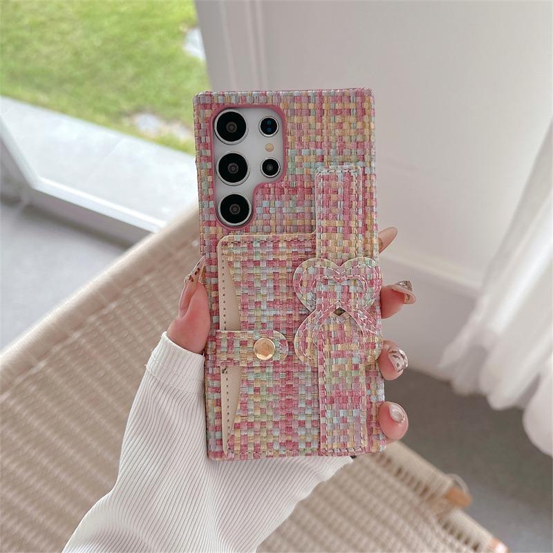 For Samsung S25Ultra S24 S23 S22 Case With Portable Wristband, Gradient Woven Pattern Fabrics Wallet Shockproof Card Slot Hard Full Cover