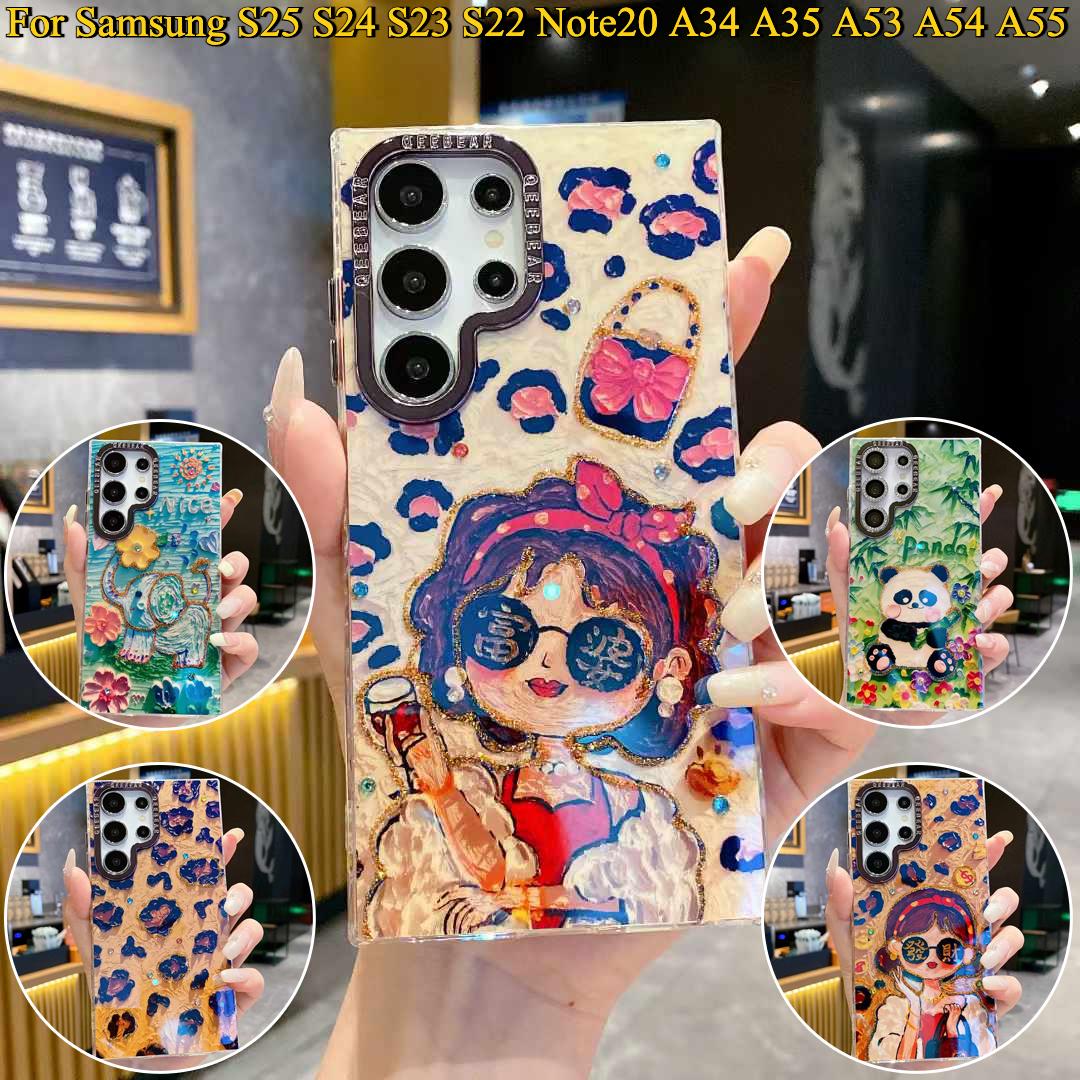 For Samsung S25 S24 S23 S22 A34 A35 A53 A54 A55 Note20Ultra Phone Case, Luxury Panda Leopard Rainbow Butterfly Elephant Oil Painting Metal Camera Frame Anti-drop Hard Shockproof Full Cover