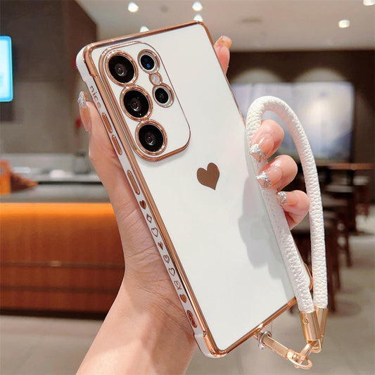 Plating Love Heart TPU Phone Case with Leather Wristband For Samsung A14 A15 A16 A24 A25 A33 A34 A35 A36 A53 A54 A55 A56 Shockproof Soft Full Cover