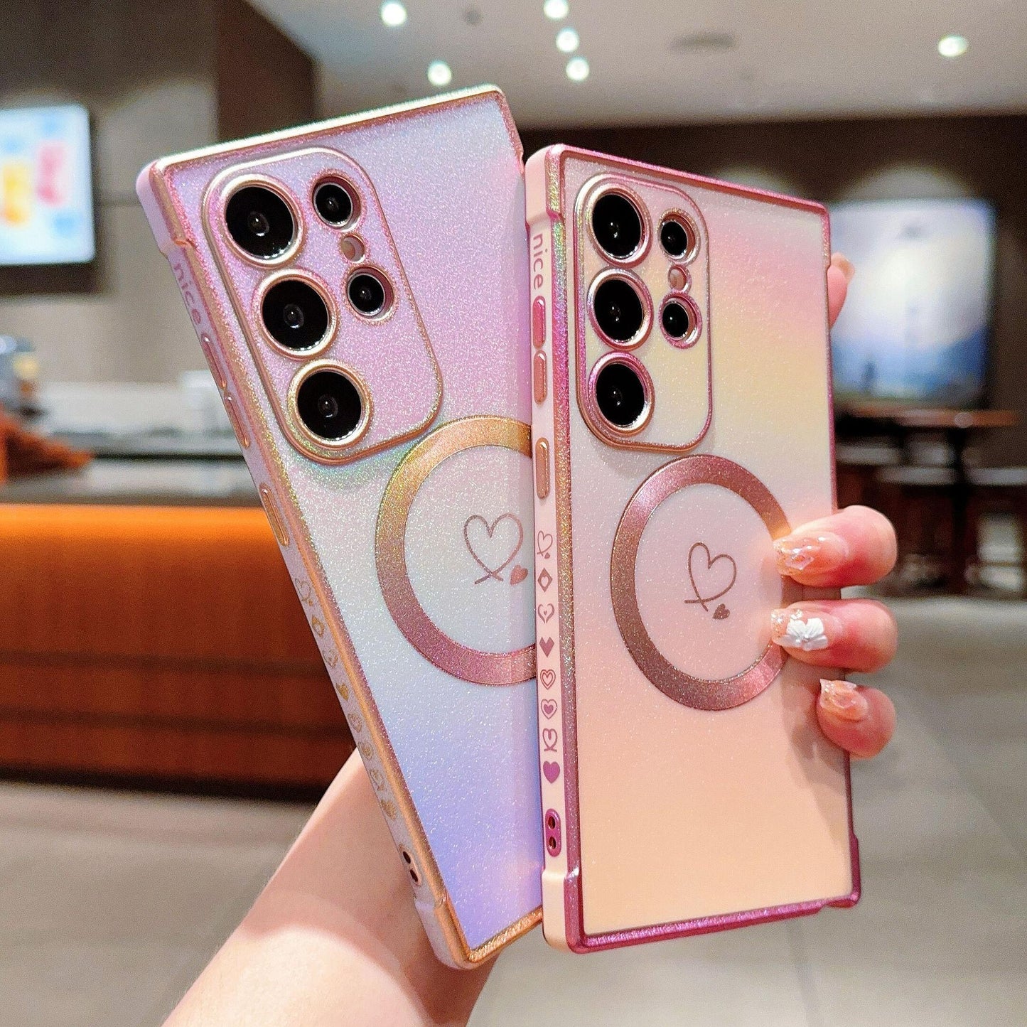 Matte Colorful Gradient Plating Love Heart TPU Strong Magnetic Phone Case For Samsung S25Ultra S24 S23 S22 S21 Shockproof Soft Full Cover