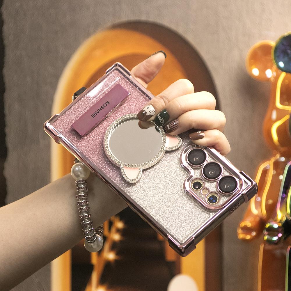 Gradient Plating Four Corners Cat Mirror Thin Kickstand Case with Pearl Diamond Wristband for Samsung S25Ultra S25 S24 S23 S22 S21 Note20 A53 A54 A55 Hard Acrylic Bumper Full Cover