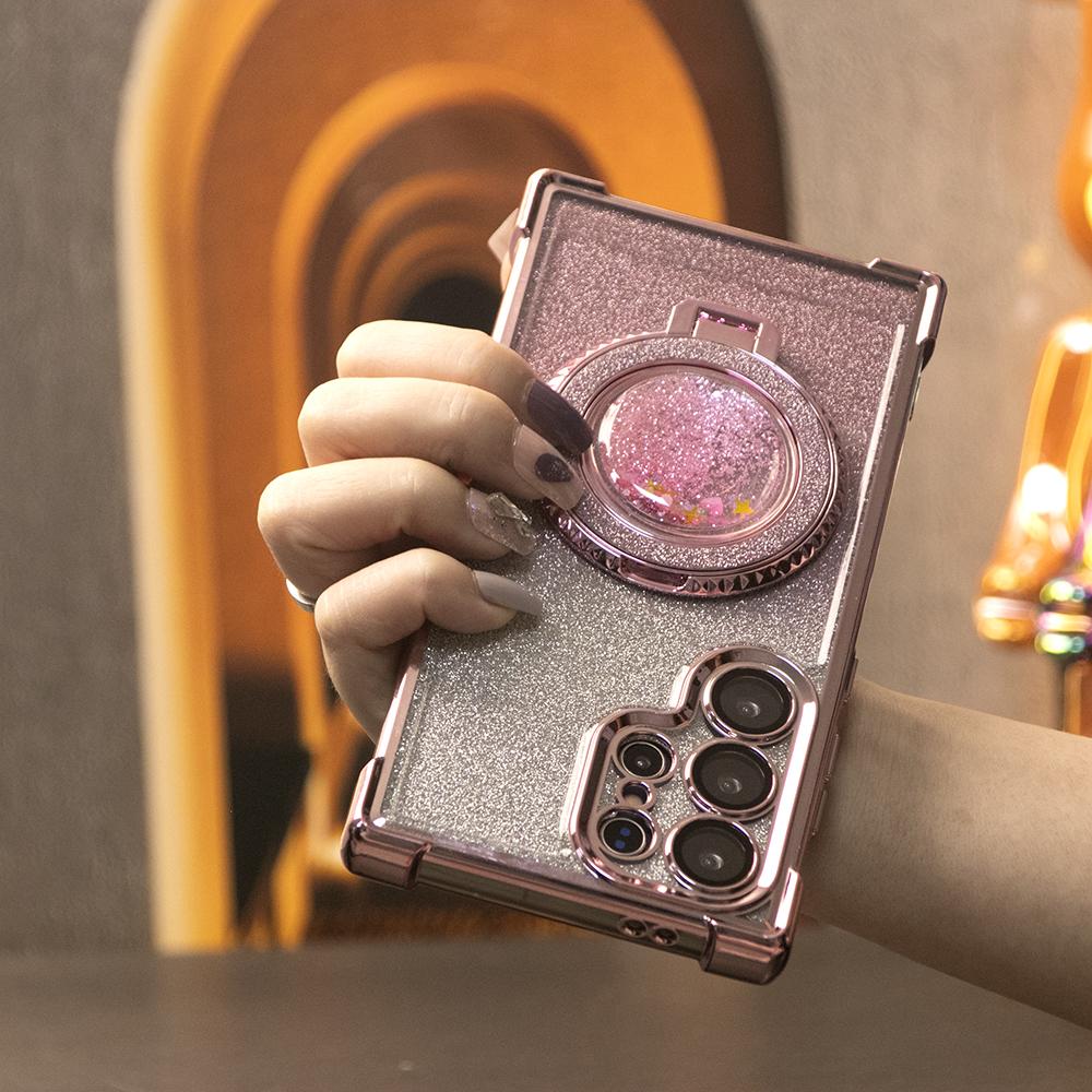 Gradient Plating Four Corners Shockproof Quicksand Kickstand Case for Samsung S25Ultra S25+ S25 S24Ultra S24FE S24 S23 FE S22 Plus A53 A54 A55 Transparent Hard Acrylic Hybrid Bumper Armor Cover