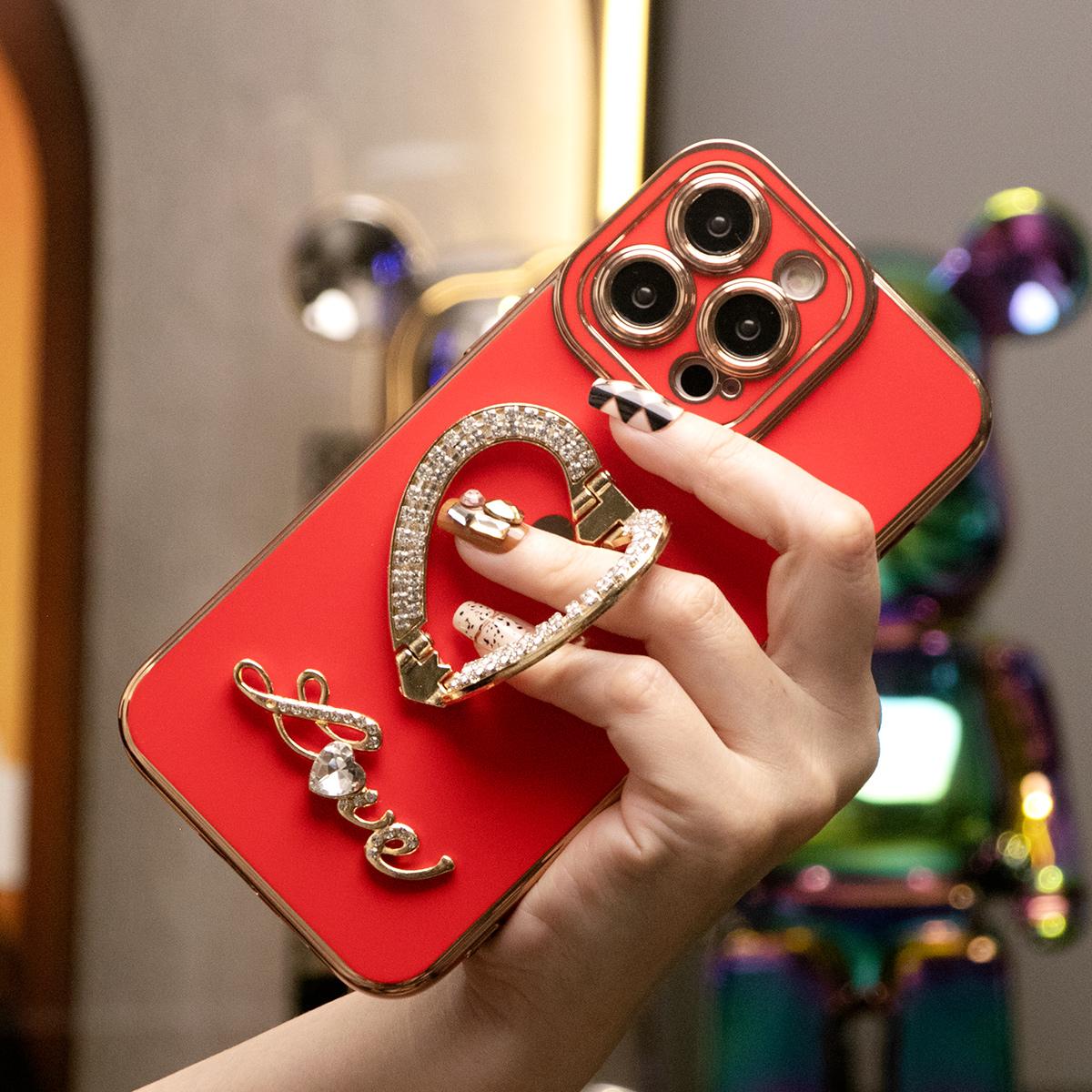 For iPhone 16ProMax 16 15 14 13 12 11 Pro Max, Luxury Rhinestone Love Heart Kickstand Holder Plating Soft Camera Protector Phone Case