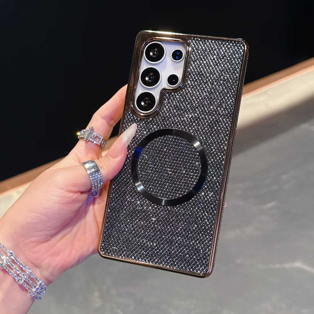 For Samsung S25Ultra S25 S24 S23 S22 Phone Case, Luxury Slim Glitter Magnetic Pattern Plating Matte Leather Len Protection Shockproof Hard Full Cover