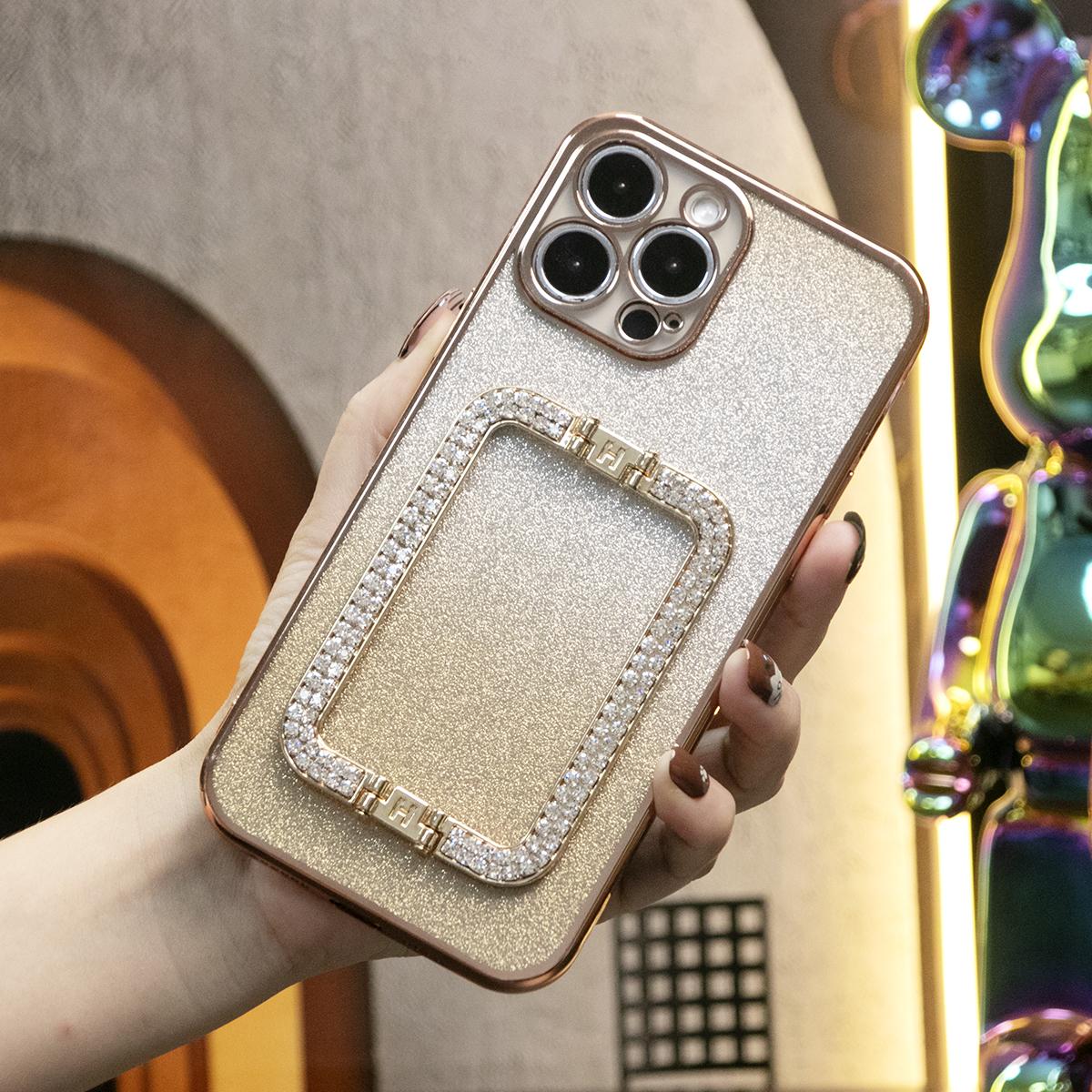 Glitter Transparent Gradient 3D Crystal Square Holder Plating Phone Case For iPhone 16 15 14 13 12 Pro Max Clear Soft TPU Back Cover