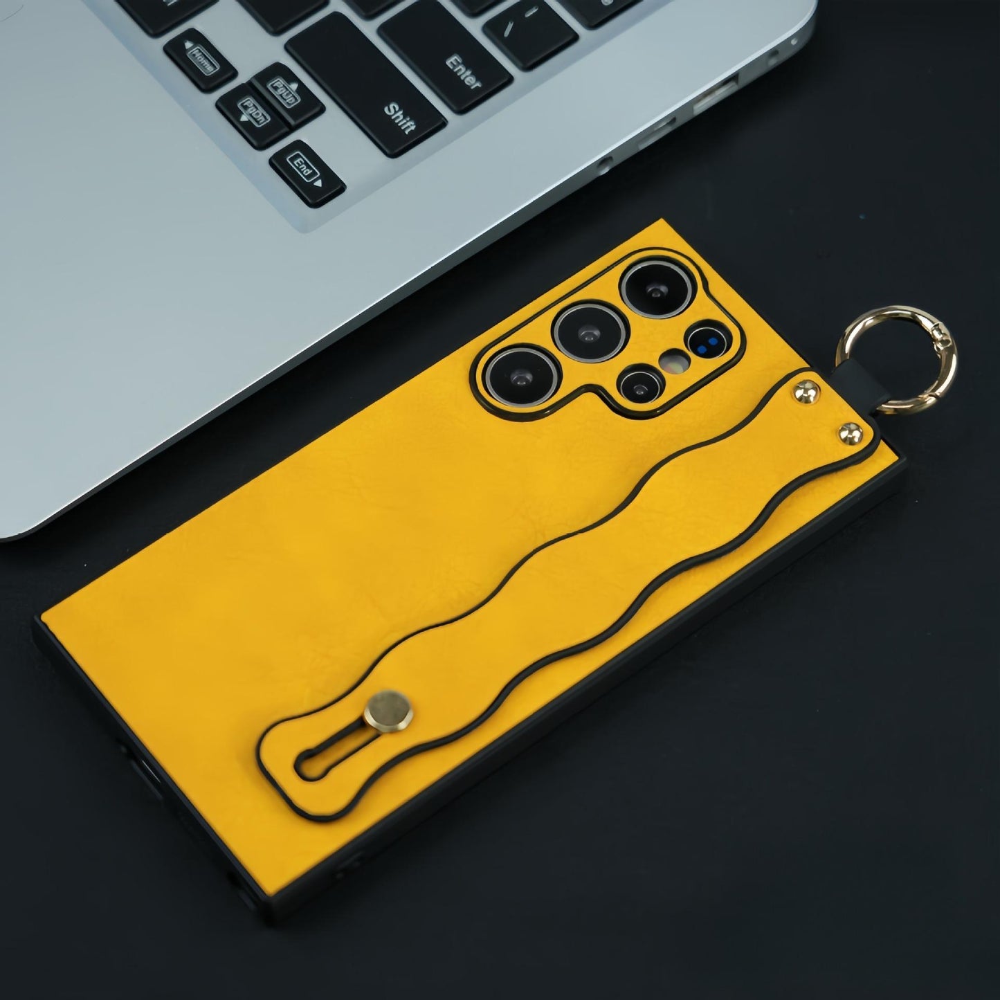 For Samsung S25Ultra S25 S24 S23 S22 S21 Case With Wave Wristband, Matte Durable Faux Leather Kickstand Shockproof Phone Case