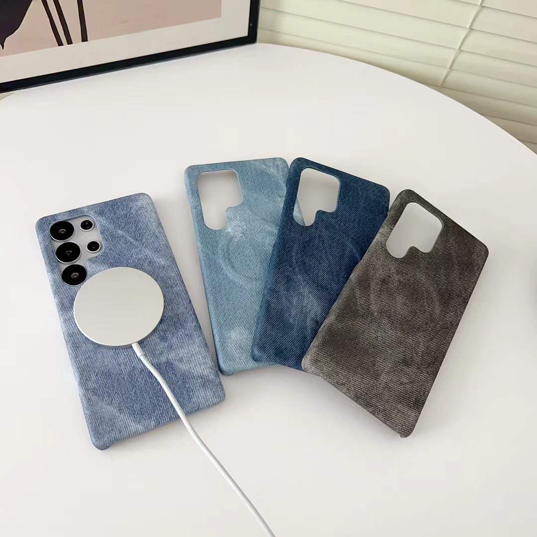 For Samsung S25Ultra S24Ultra S23Ultra Phone Case, Luxury Denim Style Slim Magnetic Matte Fabrics Emboss Pattern Len Protection Shockproof Hard Full Cover