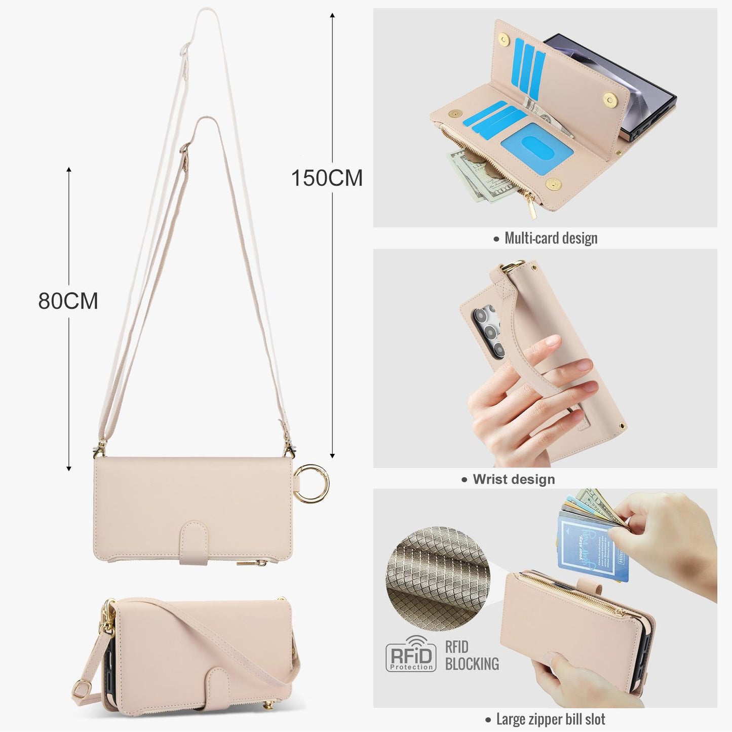 Crossbody Cards Solt Zipper Wallet Leather Case For Samsung Galaxy Z Fold 5 4 3 6 5G Wristband Ring Holder Kickstand Cash Pocket