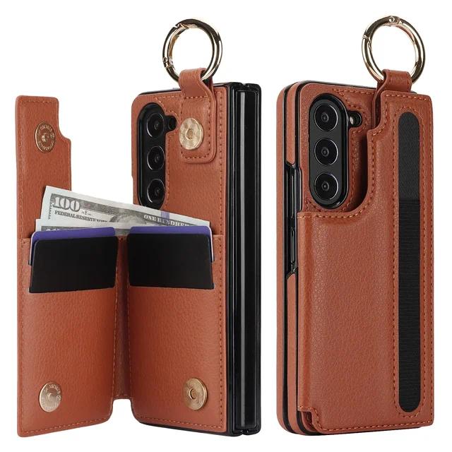 PU Leather Ring Phone Case for Samsung Galaxy Z Fold 6 5 4 3 Fold5 Fold4 Fold3 5G Wallet with Pen Holder & Card Slot (No Pen)
