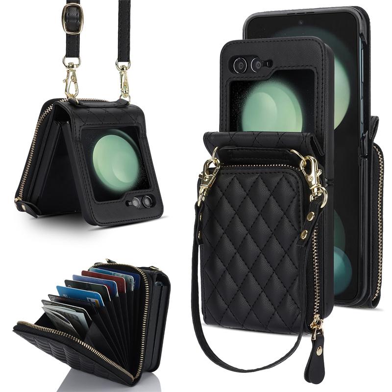 Crossbody Wrist Strap Phone Case for Samsung Galaxy Z Flip 6 5 4 Flip6 Flip5 Flip4 Flip3 Leather Wallet  with Card Holder Cover