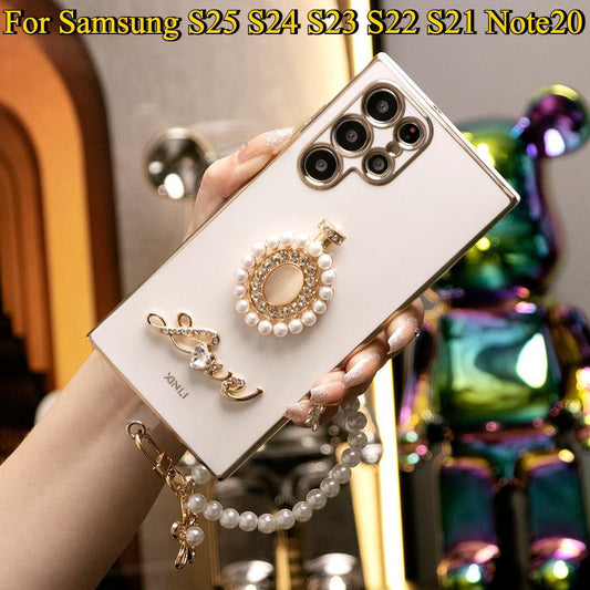 Round Stone Pearl Perfume Bottle Plus Pearl Chain Plating Phone Case For Samsung S25 S24 S23 S22 S21 Note20