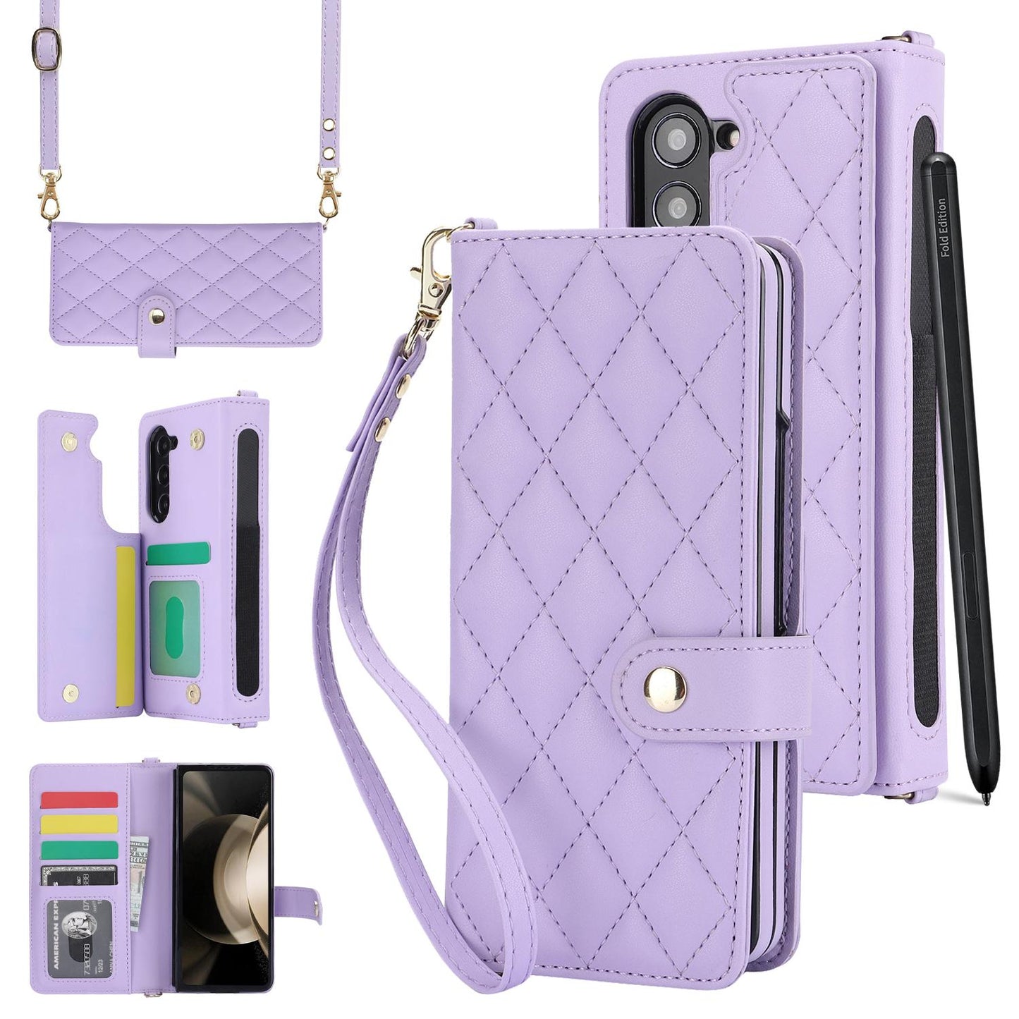 Crossbody Leather with Pen Slot Phone Case for Samsung Galaxy Z Fold 5 4 Fold5 Fold4 Fold3 Wrist Strap Wallet Card Holder Cover