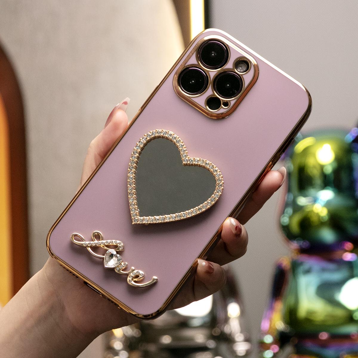 Glitter Diamond Love Heart Mirror Plating Phone Case For iPhone 16ProMax 16 15 14 13 12 11 Plus Pro Max Soft TPU Back Cover