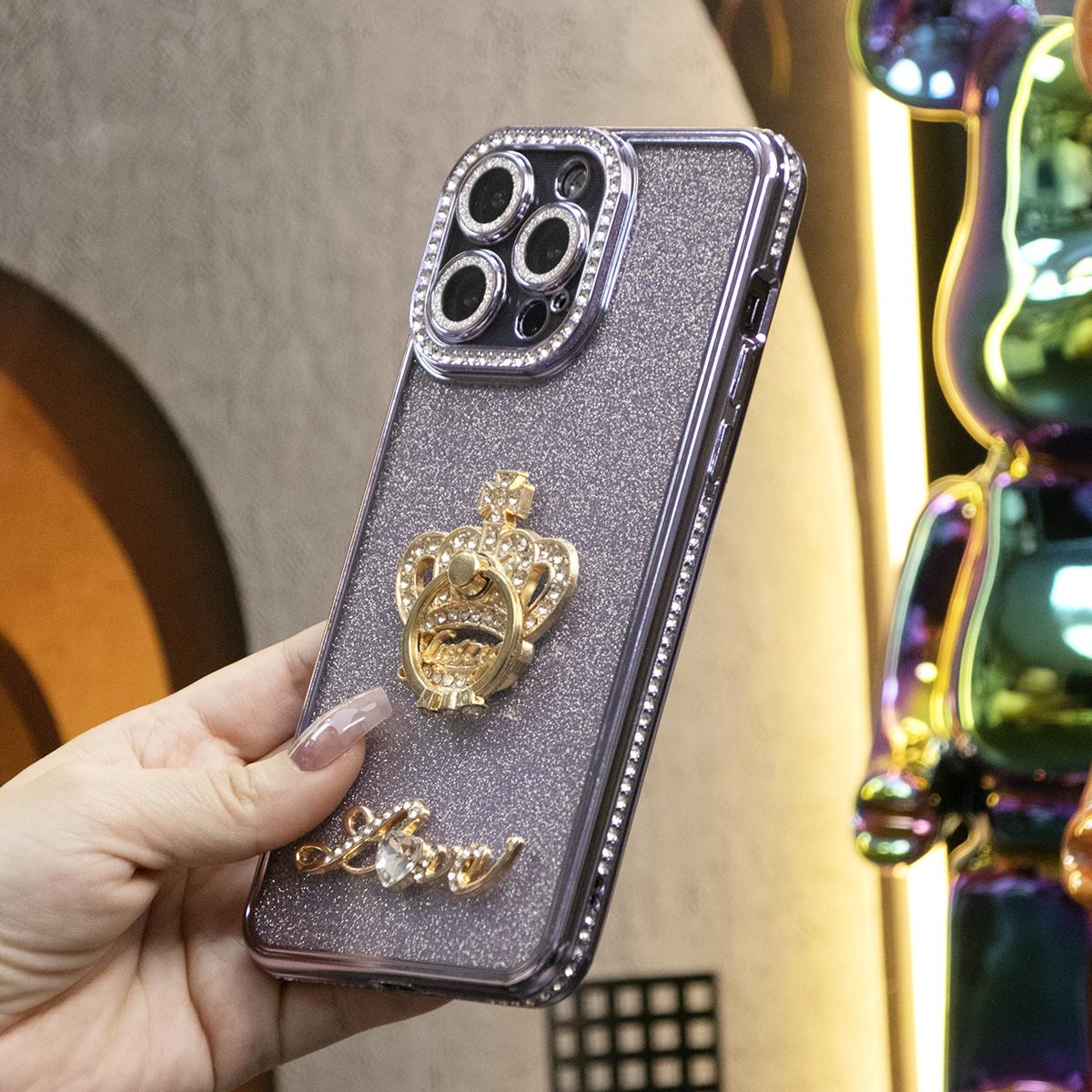 Plating Glitter Diamond Crown Ring Kickstand Phone Case For iPhone 16 15 14 13 12 11 Pro Max