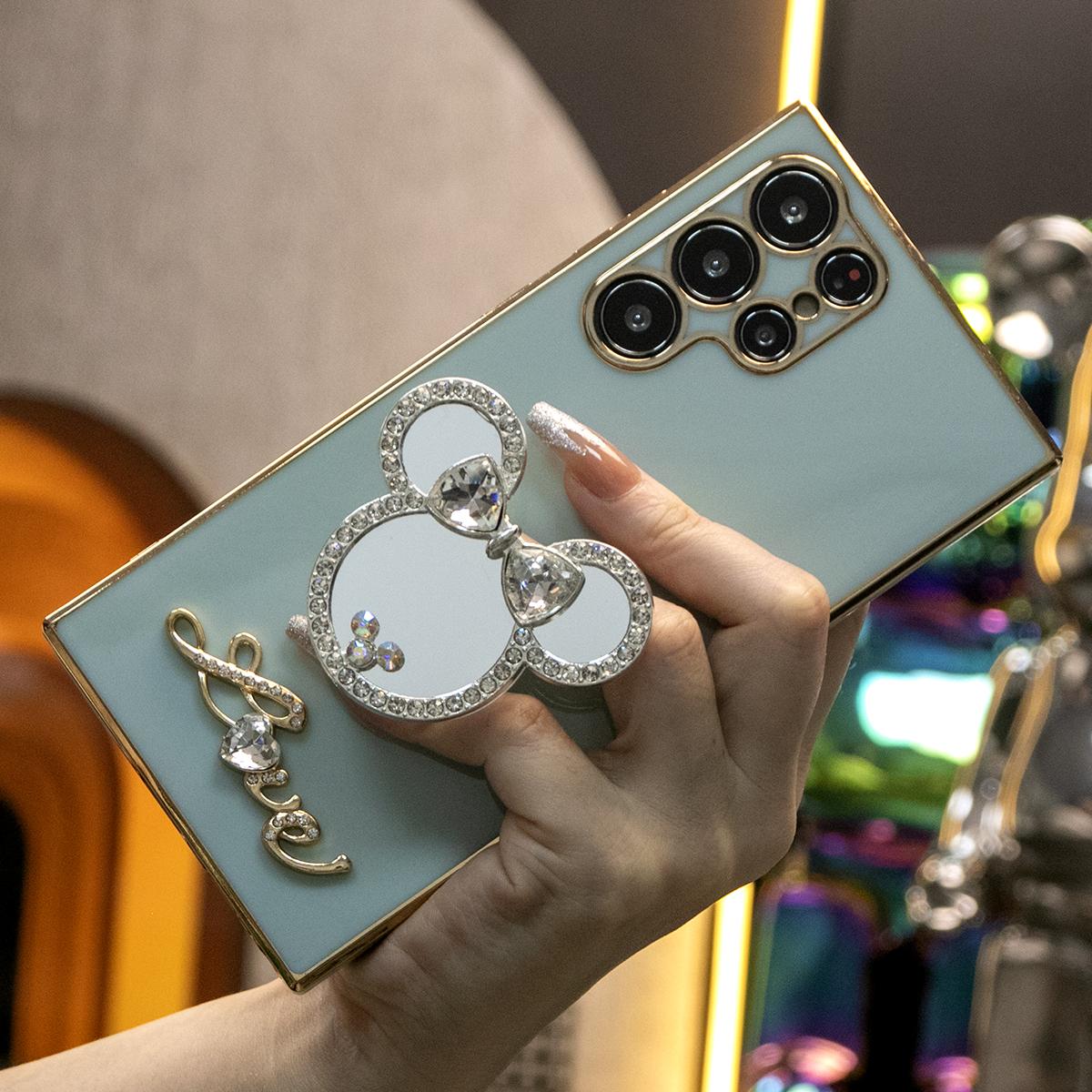 Mouse Head Mirror Popstand Kickstand Plating Soft Phone Case for Samsung A13 A14 A15 A23 A24 A25 A33 A34 A35 A52 A53 A54 A55 A72 A73