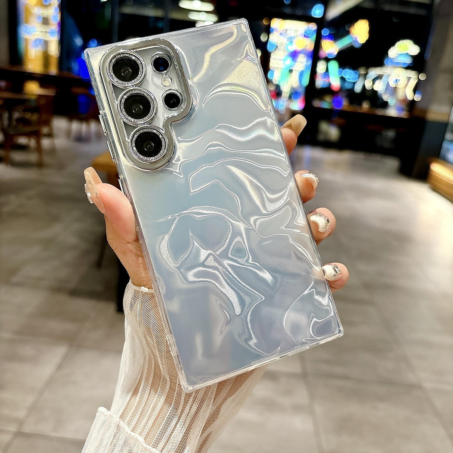 For Samsung S25Ultra S25 S24 S23 S22 Phone Case, Luxury Electroplating Laser Feathers Silk Pattern Acrylic Slim With Glitter Len Protector, Full Camera Protection Non-Yellowing Hard Cover