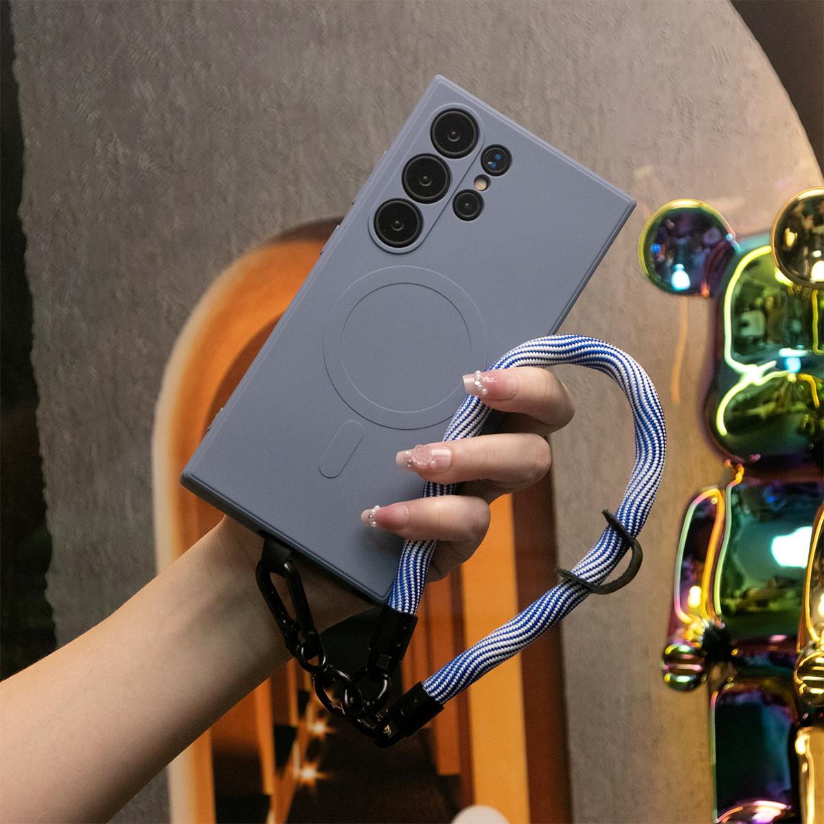 Strong Magnetic Case With Wave Multifunctional Rope For Samsung S22 S23 S24 Plus FE Ultra , Compatible with MagSafe, Soft Liquid Silicone Shockproof Phone Case With Microfiber Lining