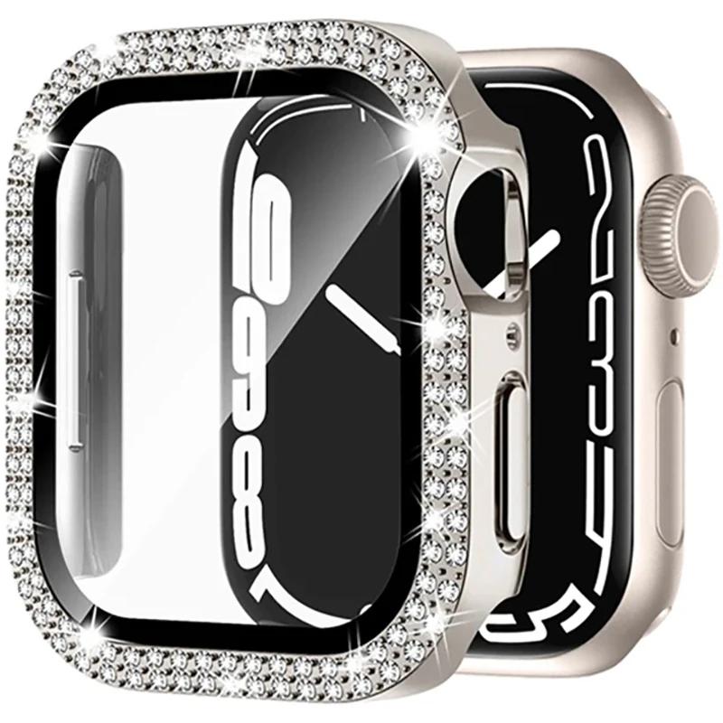 Coque en verre + diamant pour boîtier de montre Apple 40 mm 44 mm 41 mm 45 mm 38 mm 42 mm Bling Bumper Protector iWatch série 9 3 5 6 7 8 se
