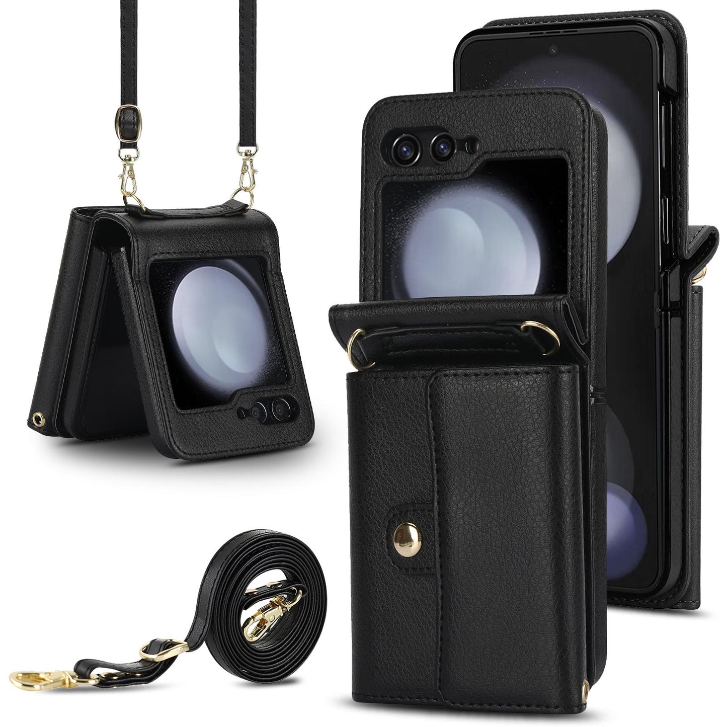 Crossbody Wrist Strap Leather with Card Holder Phone Case for Samsung Galaxy Z Flip 6 5 4 3 Flip6 Flip5 Flip4 Flip3 Wallet Cover