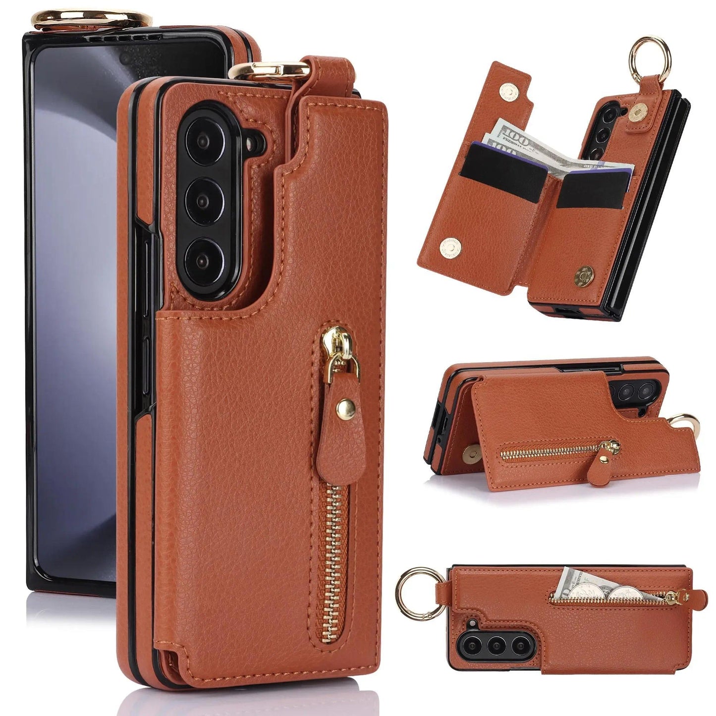 Folding Card Bag Finger Ring Leather Stand Case for Samsung Galaxy Z Fold 3 4 5 6 5G ZFold6 Zipper Wallet  Business ZFold5 Cover