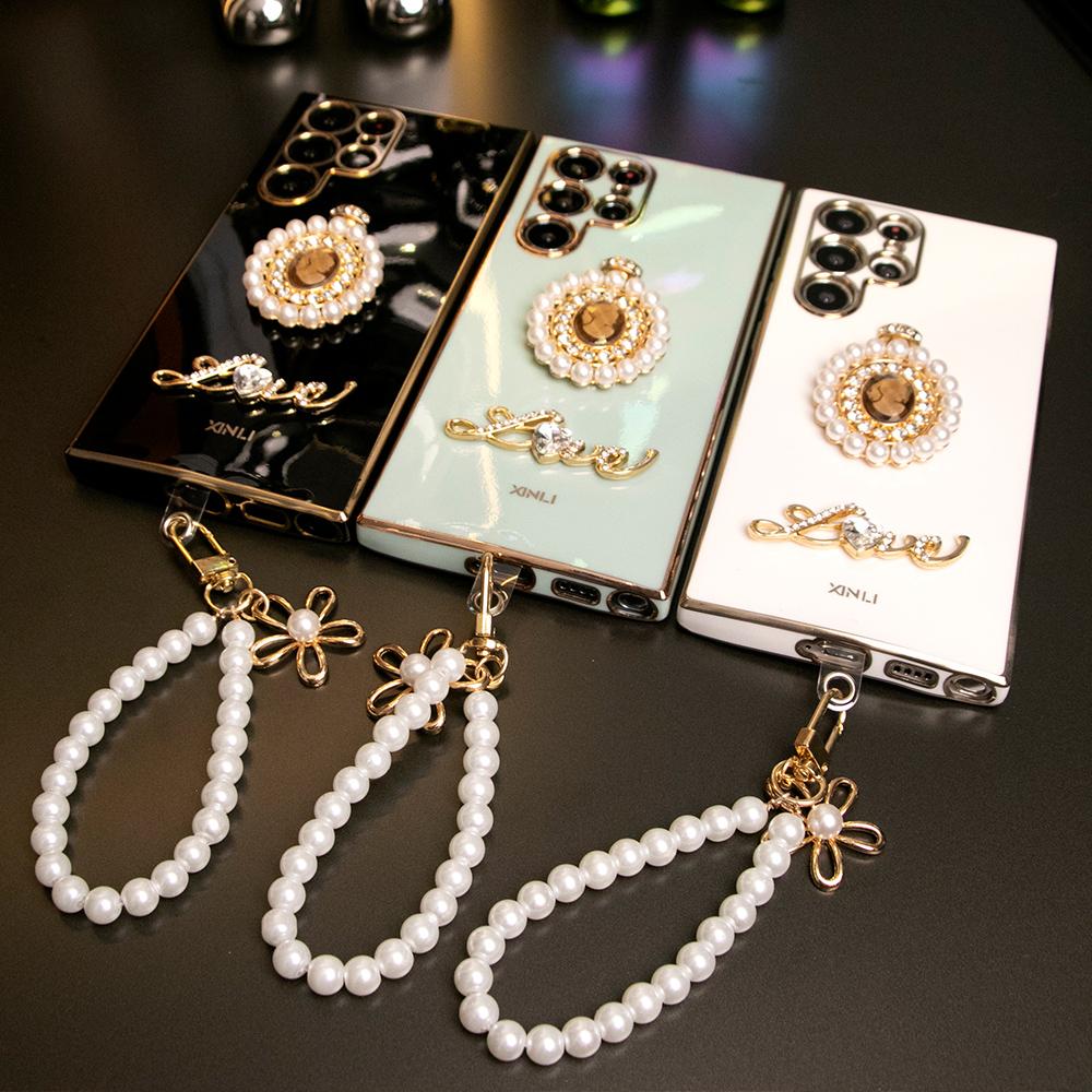 Pearl Perfume Bottle Plus Pearl Chain Plating Phone Case For Samsung S24Ultra S24FE S23 S22 S21 FE Plus Ultra Note 20