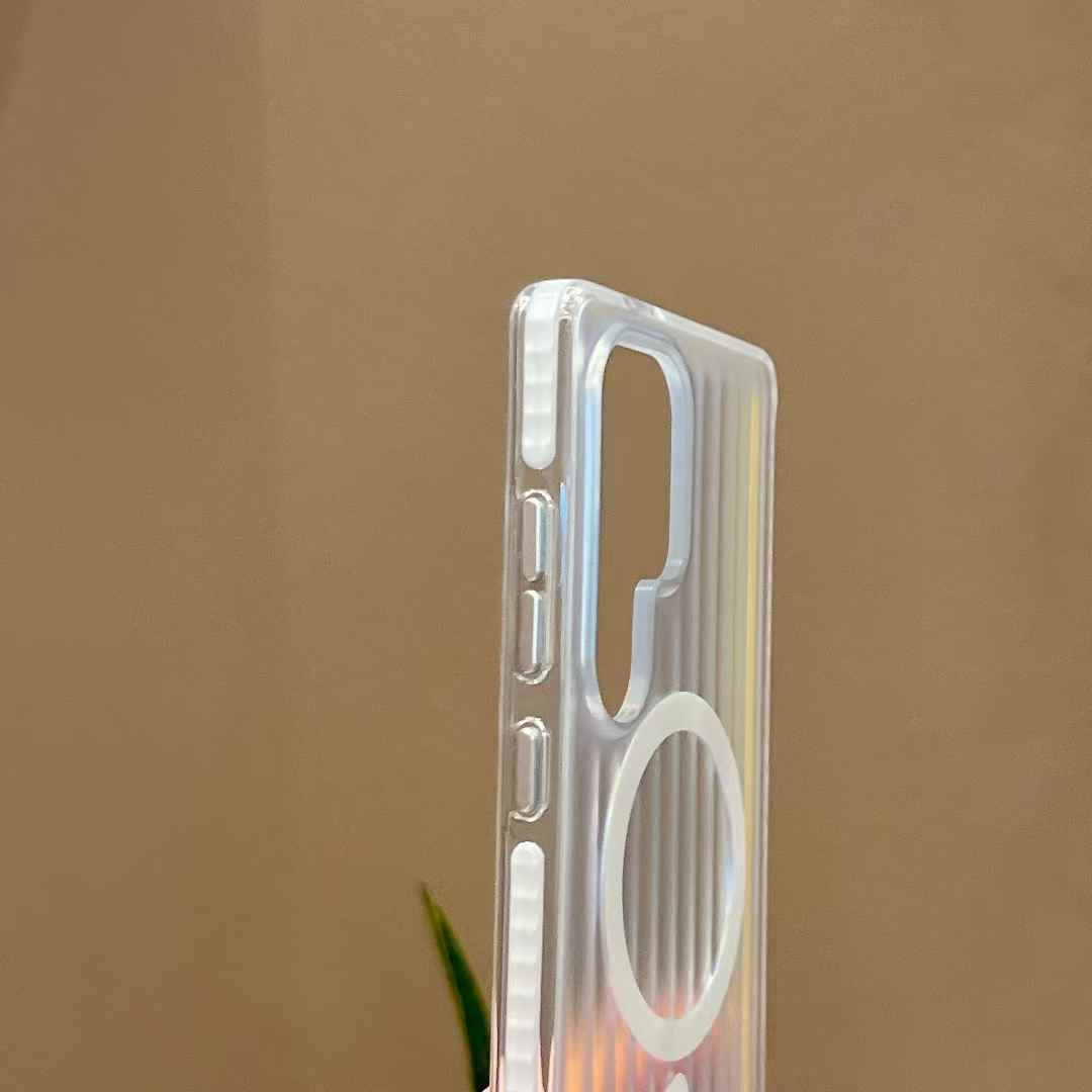 Transparent Gradient Corrugated Grille Suitcase Strong Magnetic Hard Polycarbonate Shockproof Phone Case with Bumper Strip for Samsung S25Ultra Matte Frozen Fog Full Cover
