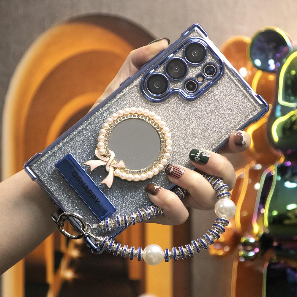 Gradient Plating Four Corners Bowknot Mirror Thin Kickstand Case with Pearl Diamond Wristband for Samsung S25Ultra S25 S24 S23 S22 S21 Note20 A53 A54 A55 Hard Acrylic Bumper Full Cover