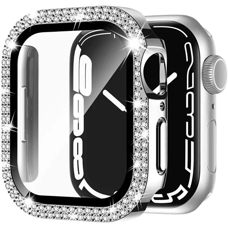 Coque en verre + diamant pour boîtier de montre Apple 40 mm 44 mm 41 mm 45 mm 38 mm 42 mm Bling Bumper Protector iWatch série 9 3 5 6 7 8 se