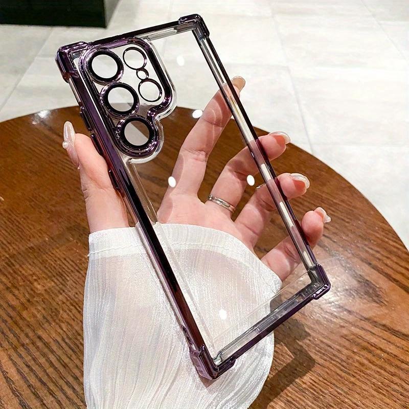 Electroplated Four Corners Anti-fall Transparent Hard PC Phone Case For Samsung S25 S24 S23 S22 S21 Note20 A54 A55, Full Cover with Camera Protector