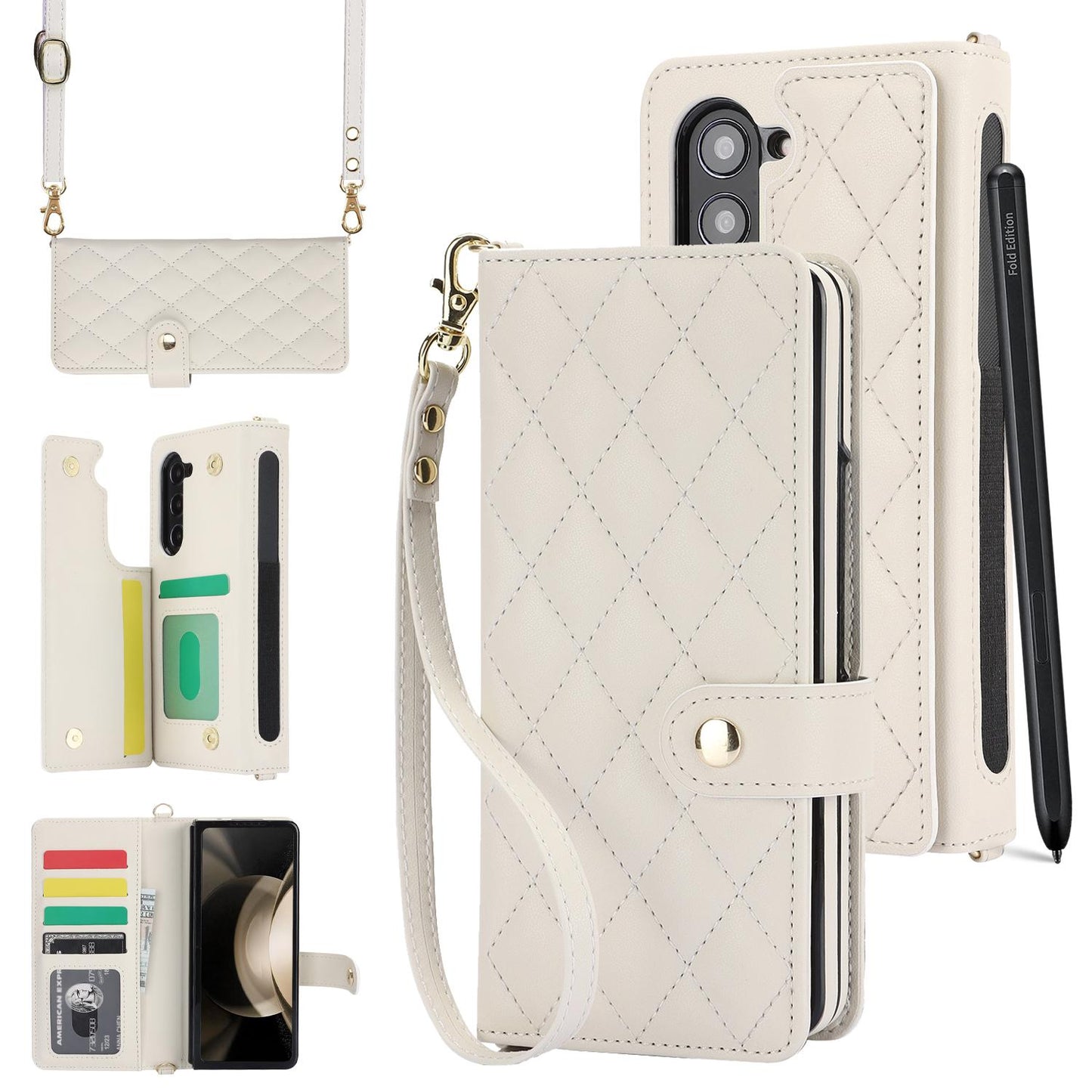 Crossbody Leather with Pen Slot Phone Case for Samsung Galaxy Z Fold 5 4 Fold5 Fold4 Fold3 Wrist Strap Wallet Card Holder Cover