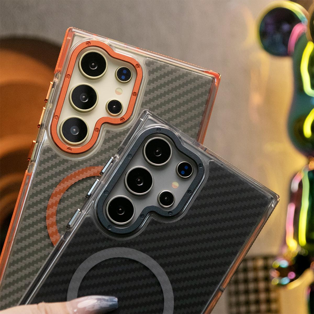 Strong Magnetic Carbon Fiber Phone Case, With Adjustable Woven Strap, Metal Hardware Camera Acrylic, Shockproof Anti-Fall Bumper For Samsung S24 S23 S21FE A14 A15 A24 A25 A35 A54 A55 A05