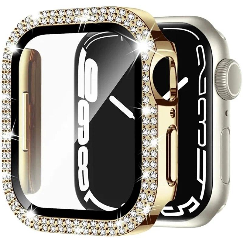 Coque en verre + diamant pour boîtier de montre Apple 40 mm 44 mm 41 mm 45 mm 38 mm 42 mm Bling Bumper Protector iWatch série 9 3 5 6 7 8 se