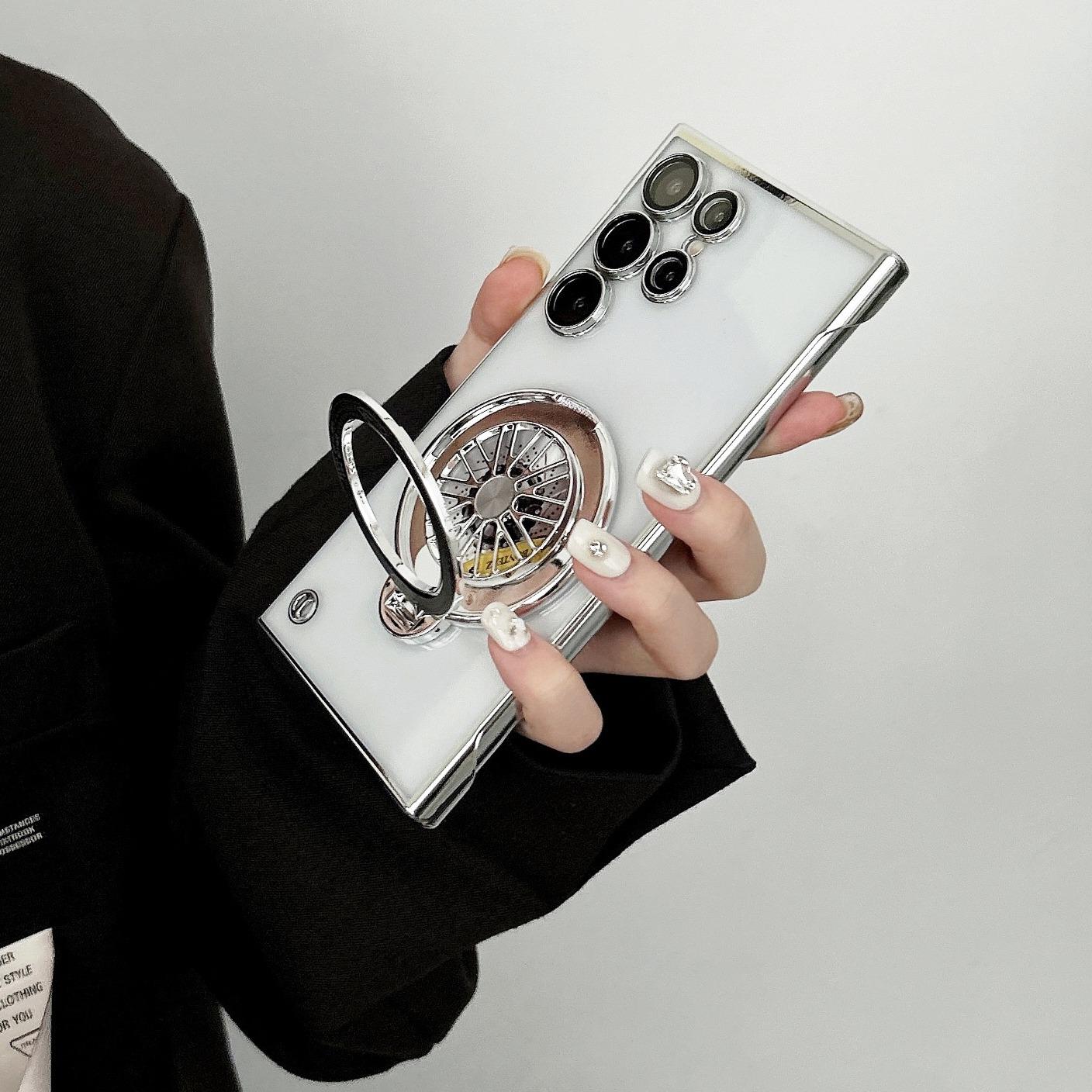 Ultra Slim Frameless Plating PC with Len Protector Phone Case with Metal Rotating Magnetic Kickstand For Samsung S25Ultra S24 S23 S22 Shockproof Support Wireless Charging Hard Full Cover
