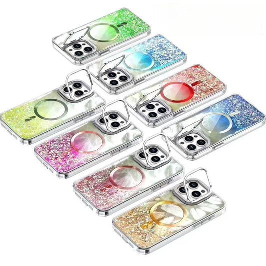 Glitter Epoxy Feather Pattern Strong Magnetic For Magsafe Wireless Charging Phone Case For iPhone 16 15 14 13 12 11 Pro Max Plus Metal Frame TPU Acrylic Shockproof Hard Full Cover