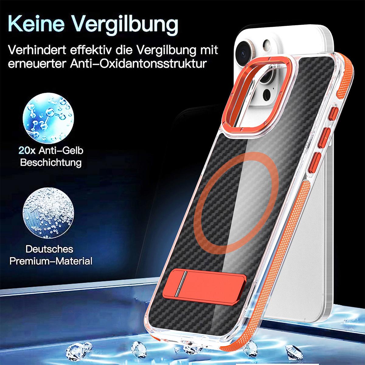 For iPhone 16 15 14 Pro Max Phone Case, Premium Strong Magnetic Carbon Fiber Metal Bracket Acrylic Clear Shockproof Anti-Fall Bumper for Magsafe Non-Yellowing Hard Full