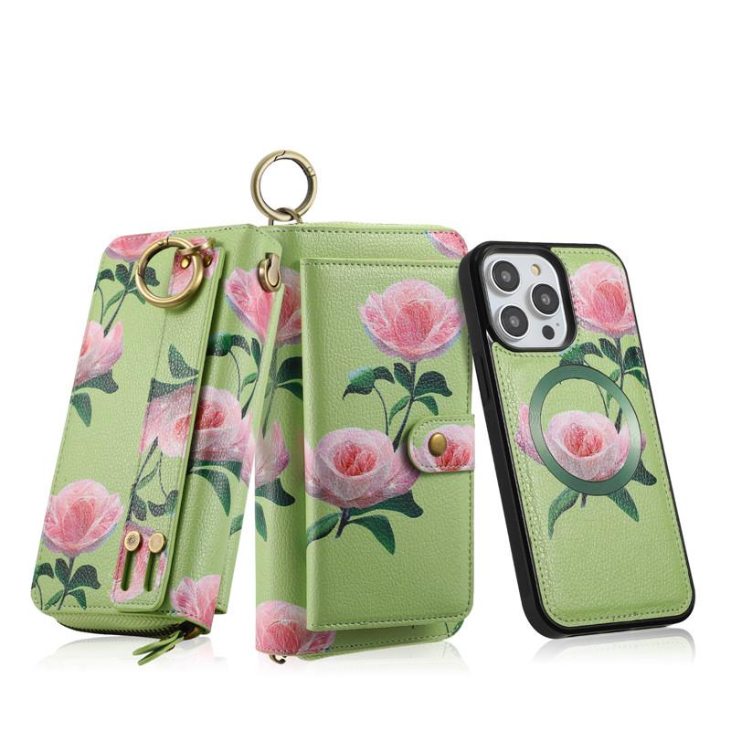 Flower Phone Case For iPhone 16 15 14 Plus 13 12 Pro MAX Multifunction Zipper Leather Magnetic Wallet Split Cover