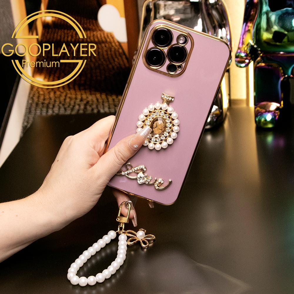 For iPhone 16 15 14 13 Pro Max Phone Case with Pearl Wristband, Pearl Perfume Bottle TPU Luxury Plating Slim Soft Full Cover
