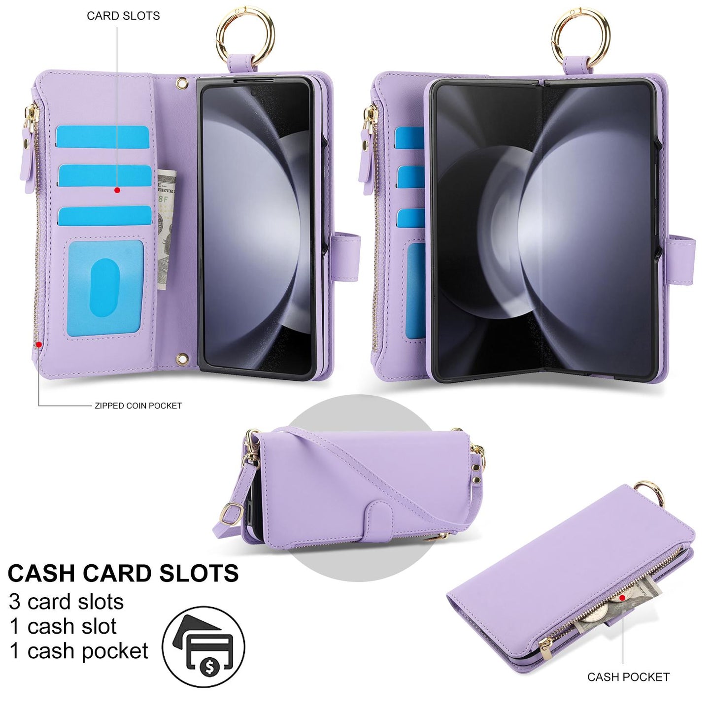 Crossbody Cards Solt Zipper Wallet Leather Case For Samsung Galaxy Z Fold 5 4 3 6 5G Wristband Ring Holder Kickstand Cash Pocket