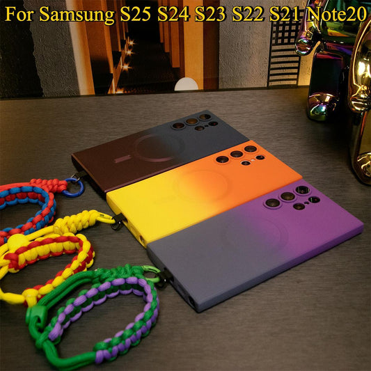 Gradient Color Magnetic Wireless Charge Matte Case With Adjustable Woven Strap For Samsung S25 S24 S23 S22 S21 Note20 Wireless Charging Soft Bumper Cover