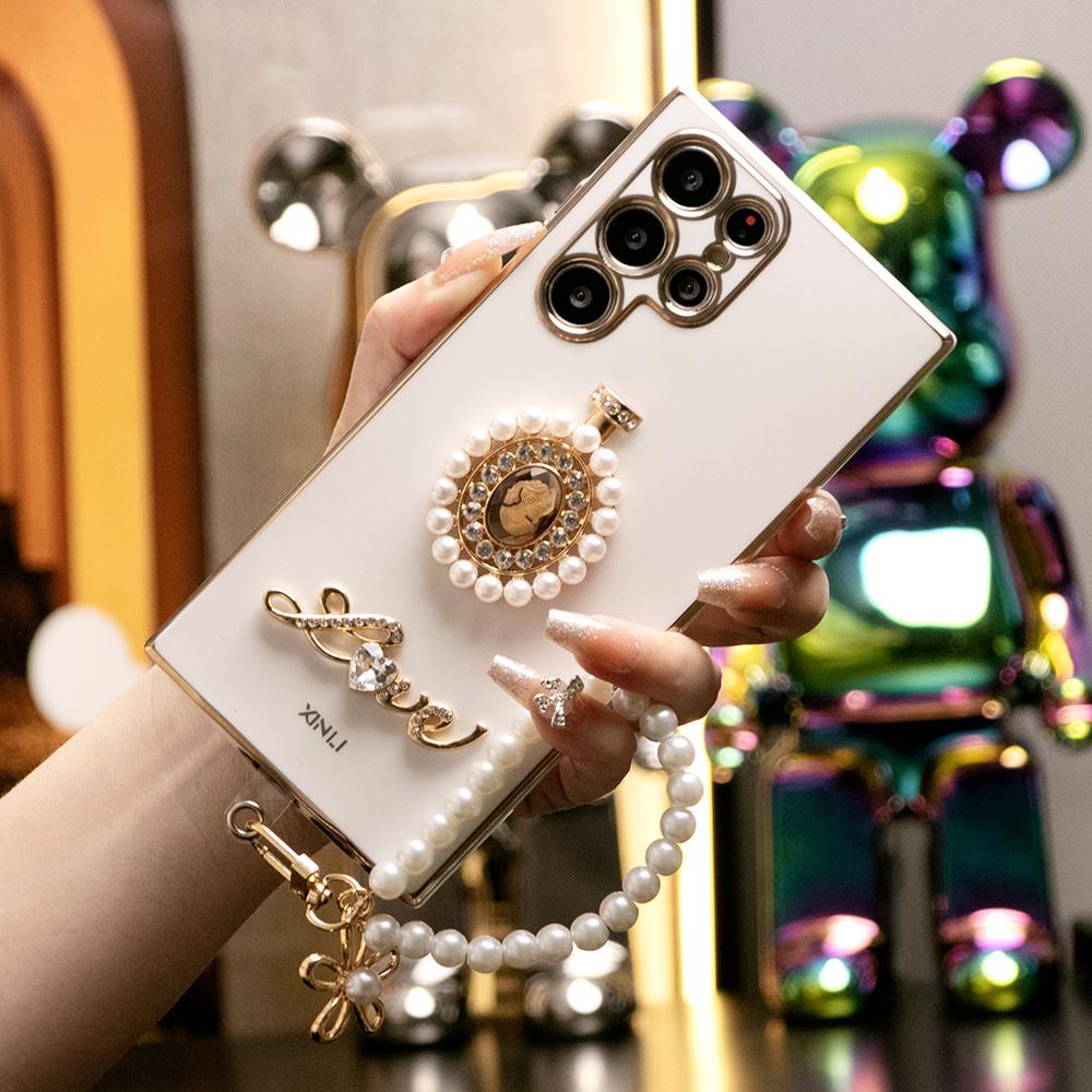 Pearl Perfume Bottle Plus Pearl Chain Plating Phone Case For Samsung S24Ultra S24FE S23 S22 S21 FE Plus Ultra Note 20