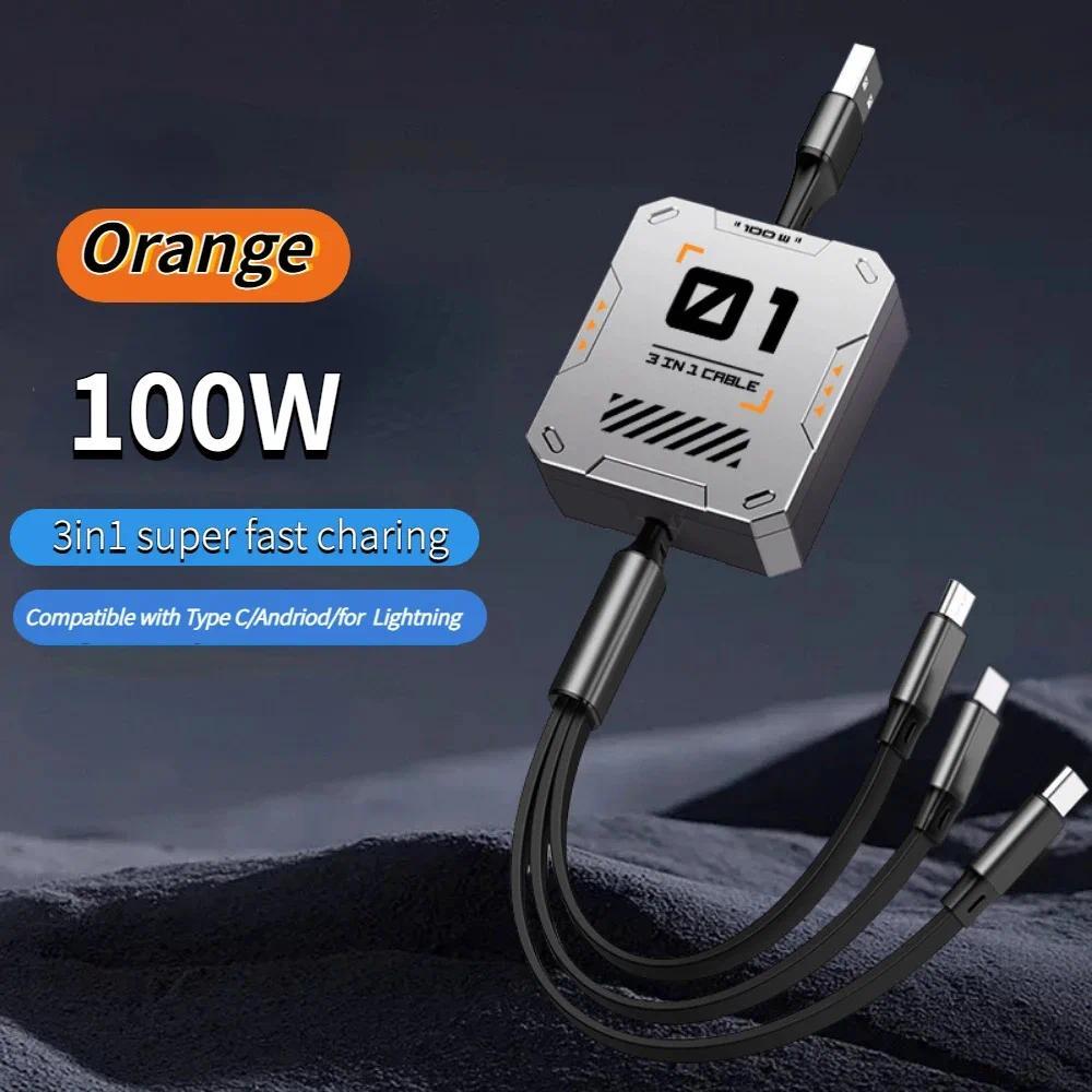 3 In 1 USB Charge Cable 5A 100W for iPhone Samsung Huawei Xiaomi Retractable Portable Micro USB Type-C Cable Charging Cable
