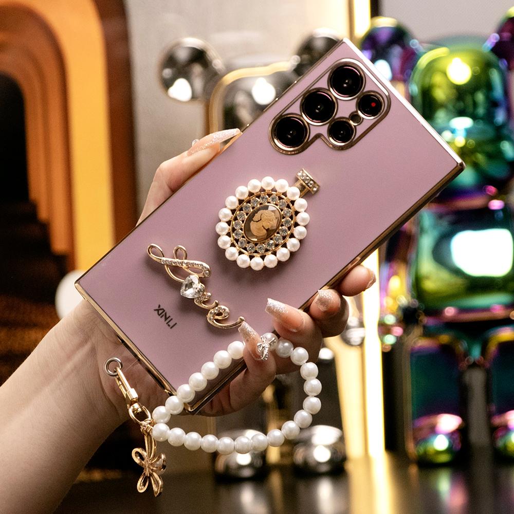 Pearl Perfume Bottle Plus Pearl Chain Plating Phone Case For Samsung S24Ultra S24FE S23 S22 S21 FE Plus Ultra Note 20